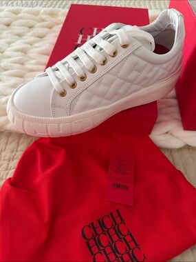 Carolina Herrera White Quilted Leather Low-Top Sneakers with Gold Eyelets!!!!